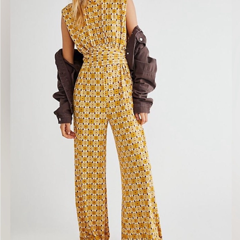 Free People Yellow Patterned Vibe Check Jumpsuit